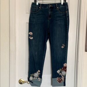 Chico's Blue Ankle Jeans with Velvet Floral Embroidery
